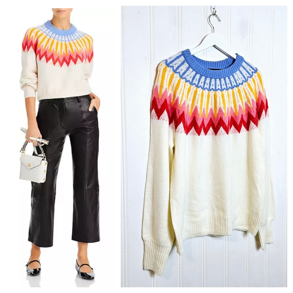 French Connection Sweater L Neya Fair Isle Wool Blend Puff Sleeve Ivory Crewneck